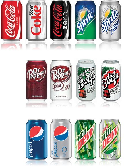 image | 12 oz cans coca-cola, dr pepper, barq's, pepsi, mtn dew 